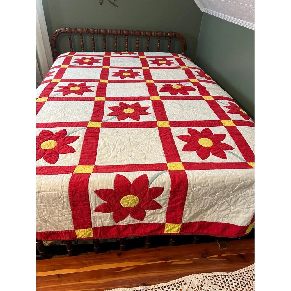 Vintage Red and White Sunflower Quilt